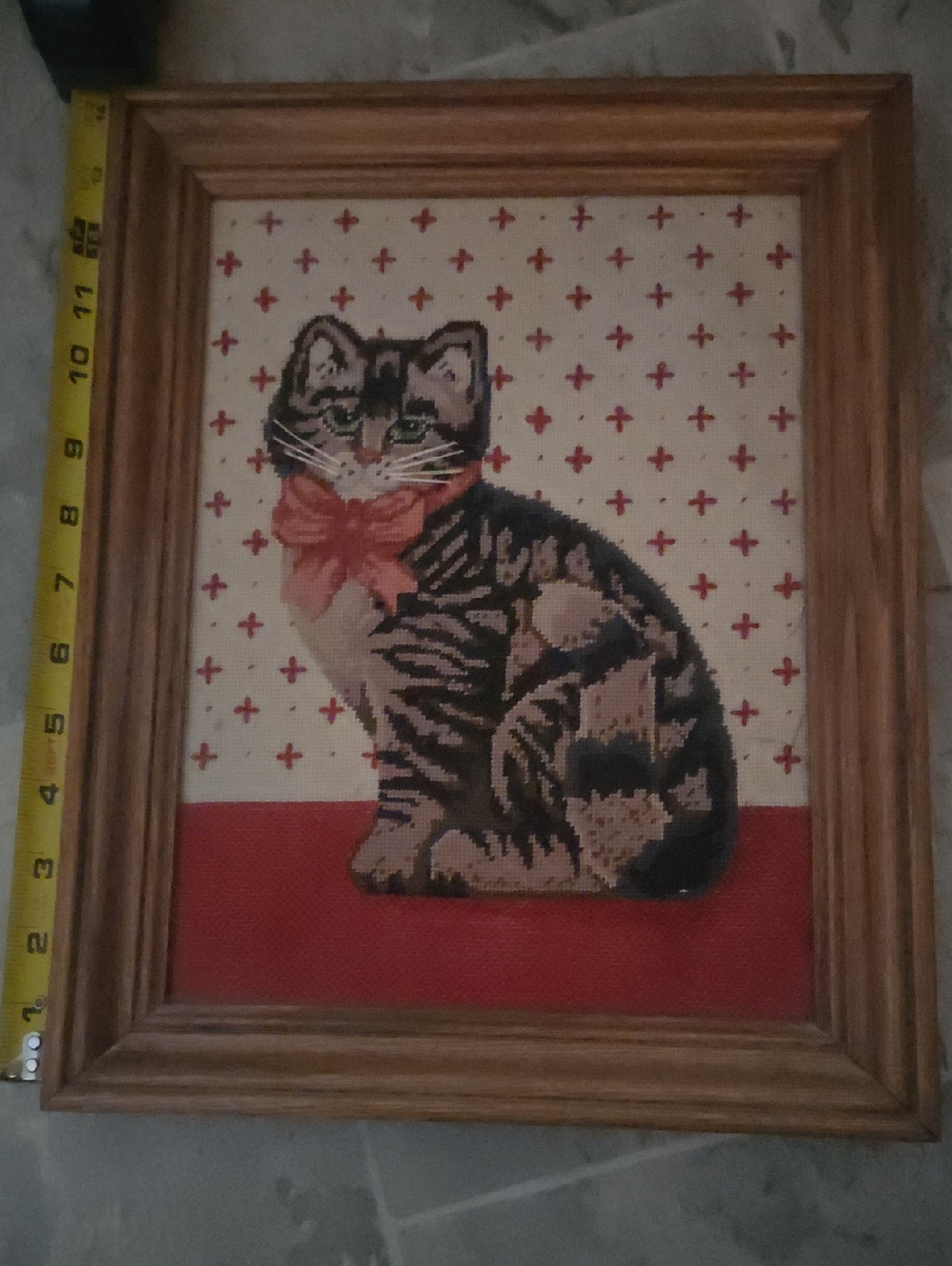 Vintage Cat Needlepoint Art And Frame- 11x14 Tabby Cat Pink Bow Wall Decor